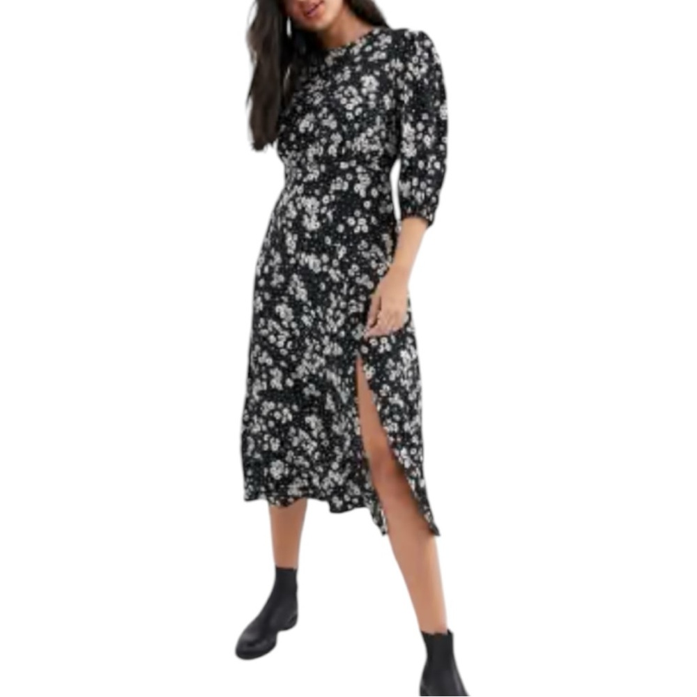 ASOS New Look Black Microfloral Daisy Midi Dress with Slit 3/4 Sleeves NWT sz 14